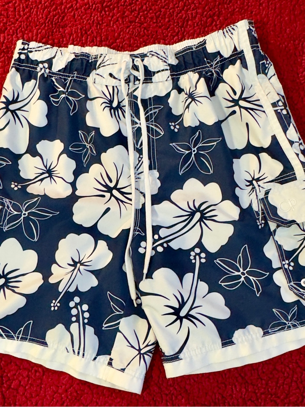 OP Navy Blue Floral Swim Trunks with White Hibiscus Print Size 32